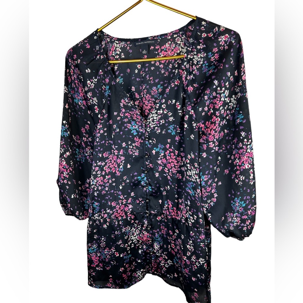 Banana Republic Floral Long Sleeve Top - Black and Pink